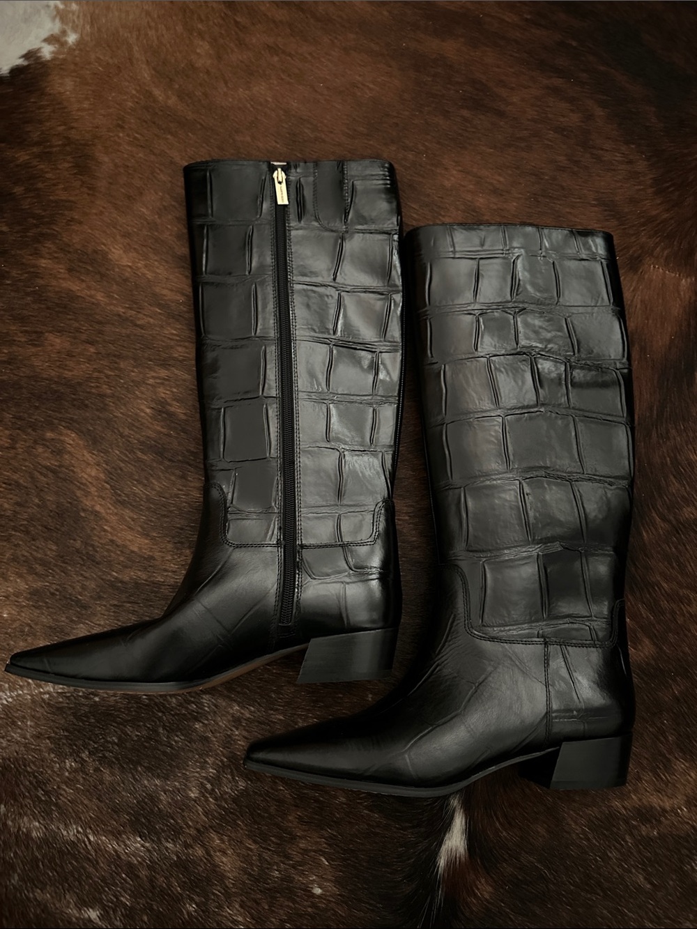 Vince Camuto VC-Pavla Black Croc-Embossed Mid-Calf Heeled Boots
